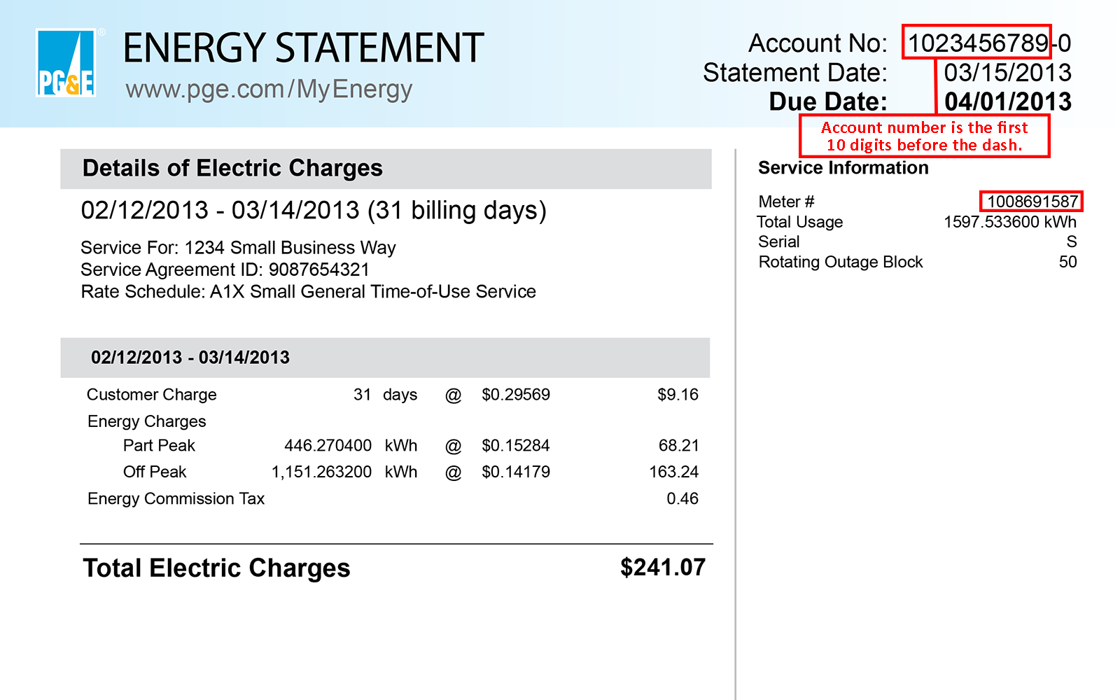An image that shows your billing account number can be found in the upper right portion of your PG&E bill.